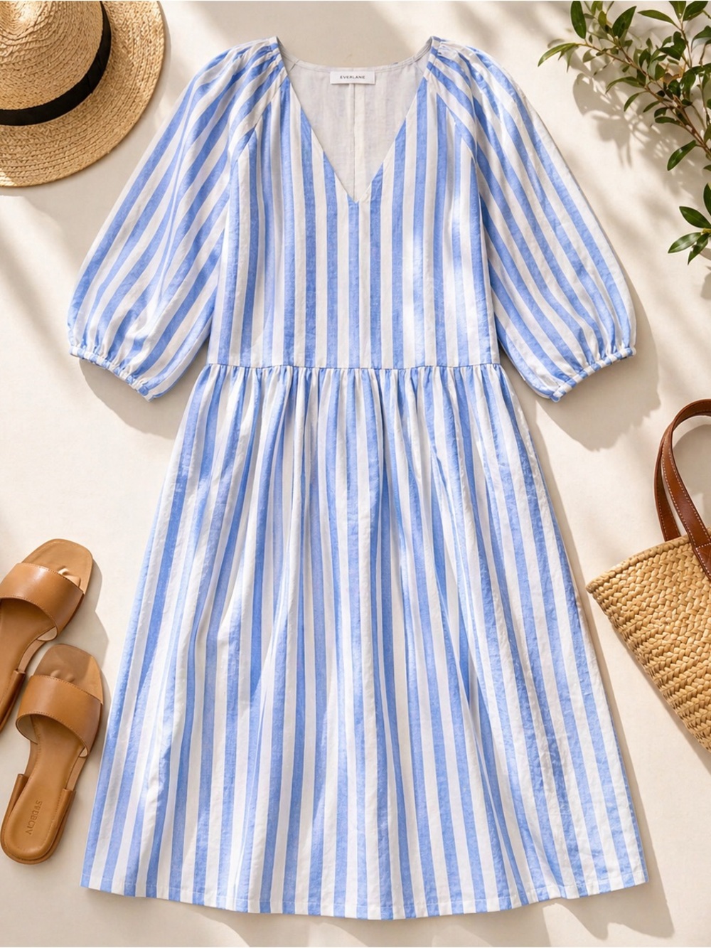 Everlane Linen Midi Dress Blue White Stripe Puff Sleeve Pockets L NWOT - Picture 3 of 16
